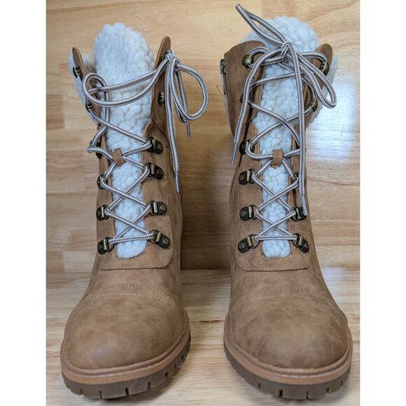 Nine West Women’s Tan Lace-Up Block Heel Boots Size 11M Faux Shearling Fold - Picture 5 of 10